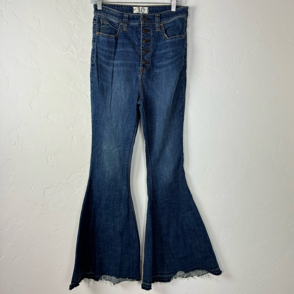 Free People Jeans Denim Irreplaceable‎ Flare Dark Wash Blue Solid Retro Cotton